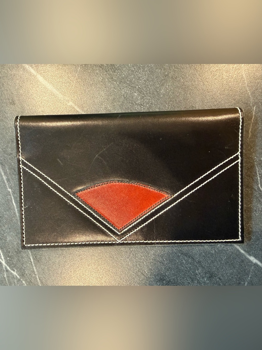 Hand-Stitched Leather Envelope Wallet Black Red Accent